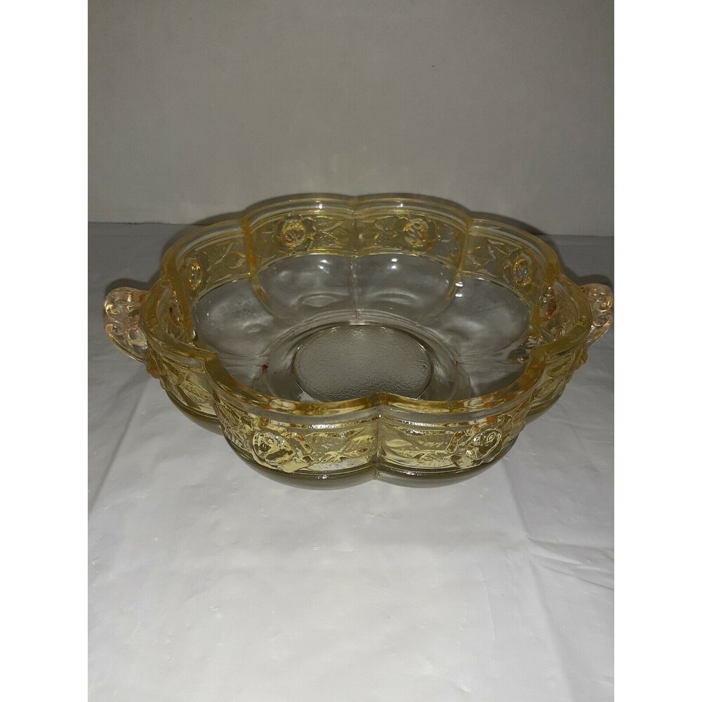 Vtg Jeanette Aztec Rose Clear 2 Handled Bowl w/Yellow Band of Roses